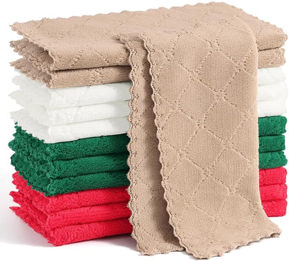 Homaxy 12 Pack Kitchen Dish Cloths, Super Soft and Absorbent Coral Velvet Dish Towels, Nonstick Oil Fast Drying Microfiber Cleaning Cloth, 10 x 10 inches, Dark Green/Tan/Red/White