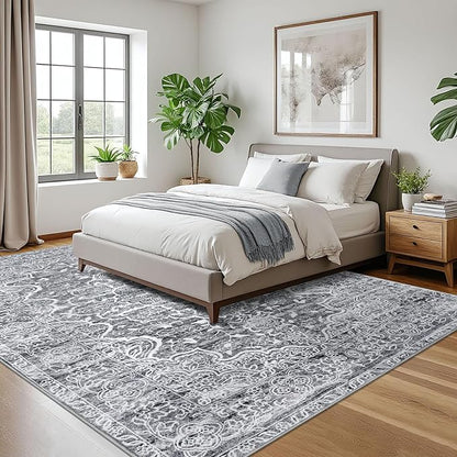 KUTA Vintage Floral Area Rug 9x12 Living Room, Washable Large Rug for Bedroom 9ft x 12ft Non-Slip, Grey Blue White Ultra Soft Printed Medallion Dining Room Low-Pile Office Room Carpet