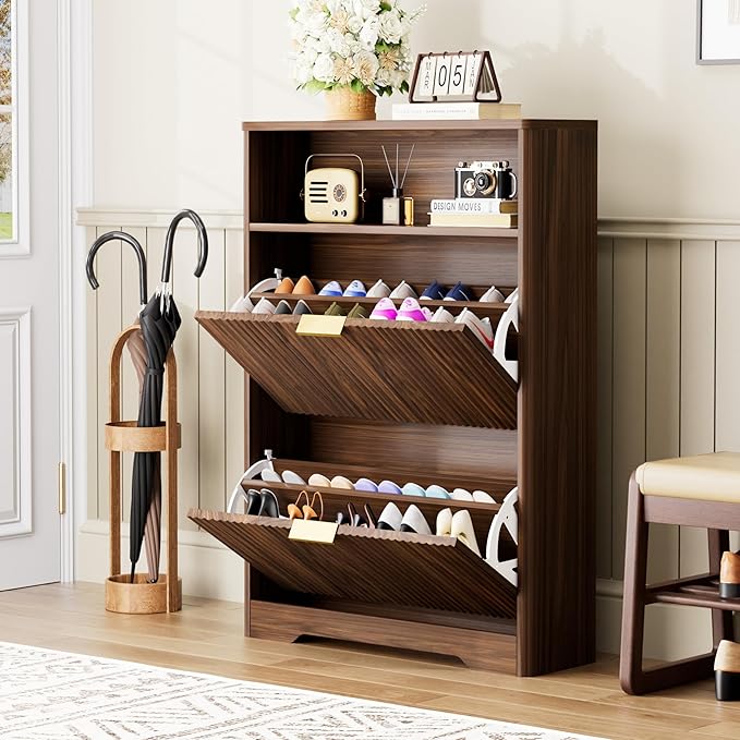 Rainbow Home Oregon Shoe Storage Cabinet, 31.6" W Narrow Fluted Design with 2 Flip Drawers, Walnut Freestanding Organizer for Entryway, Foyer, Hallway | Mid Century Modern (2 Flip Drawers)