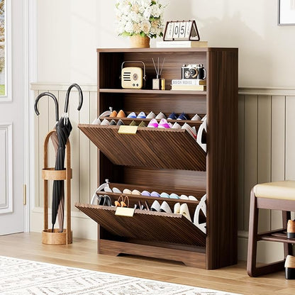 Rainbow Home Oregon Shoe Storage Cabinet, 31.6" W Narrow Fluted Design with 2 Flip Drawers, Walnut Freestanding Organizer for Entryway, Foyer, Hallway | Mid Century Modern (2 Flip Drawers)