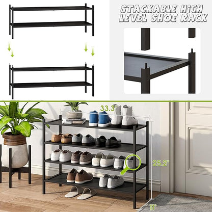 BMOSU 4-Tier Bamboo Extended Shoe Rack Premium Stackable Shoe Shelf Storage Organizer for Hallway Closet Living Room Entryway Organizer(Black)