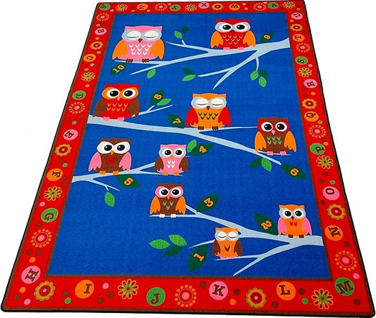 Hoot Hoot Children's Rug, 4' x 6', Multicolored Classroom Rug with Owls, Educational Classroom Rug, Kids Learning Play Mat | Area Rug for Bedroom or Playroom