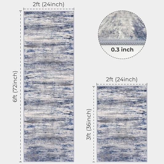 KOZYFLY Modern Abstract Area Rugs 2PCS 2x3 and 2x6 Blue-Grey Machine Washable Runner Rug Non-Slip Living Room Rug, Faux Wool Soft Low Pile Office Carpet for Hallway Entryway Bathroom Bedroom