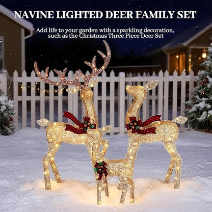 3-Piece Large Lighted Christmas Deer Family Set, Christmas Indoor and Outdoor Decoration with 225 Warm White LED Lights, Ground Pegs, Cable Ties. Suitable for Patio Lawn Garden Party-Champagne
