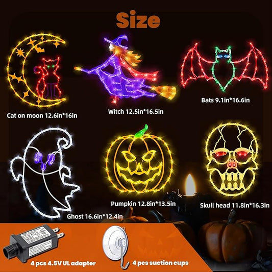 16" Halloween Window Silhouette Lights Decorations - 6 Pack Colour Lighted Ghost ＆ Pumpkin ＆ Witch ＆ Bat ＆ Skull Head ＆ Cat on Moon for Holiday Indoor and Outdoor Wall Door Window Decorate