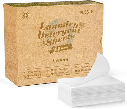 Poesie Laundry Detergent Sheet Lemon Scent 160 Count Non Plastic Travel Laundry Kit No waste Portable Washing Sheets Detergent for Machine Wash & Hand Wash