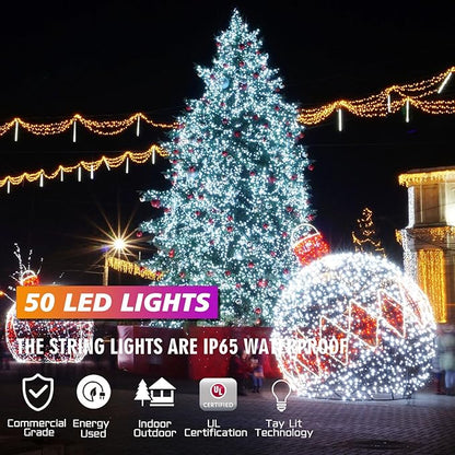 25ft 50 Counts White LED Christmas Lights - Commercial Grade Outdoor Waterproof, 5mm Wide Angle Green Wire, Xmas Tree Light, IP65, UL, JK5665