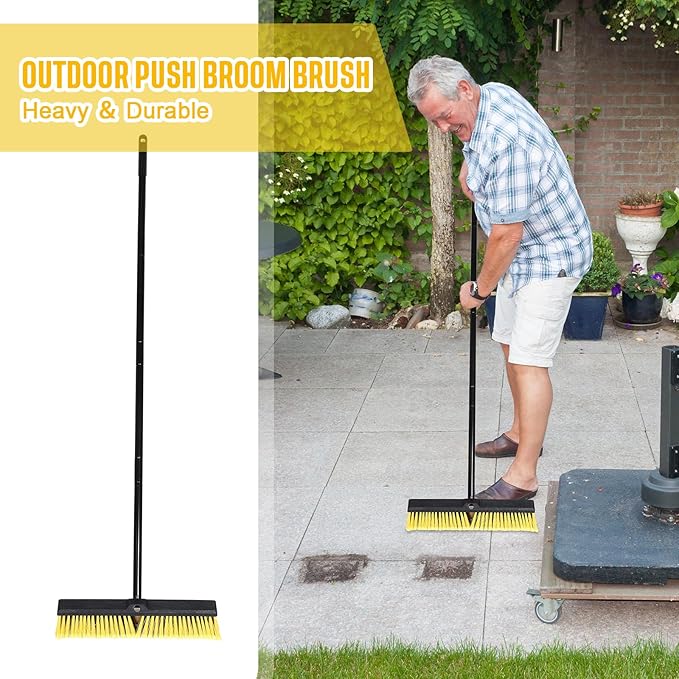 Zhehao 10 Pack 18 Inches Push Broom Outdoor, Multi Surface Garden Brush Broom with Adjustable 63" Long Handle for Deck, Driveway, Patio, Warehouse, Garage, Yard, Concrete Floor Cleaning (Yellow)