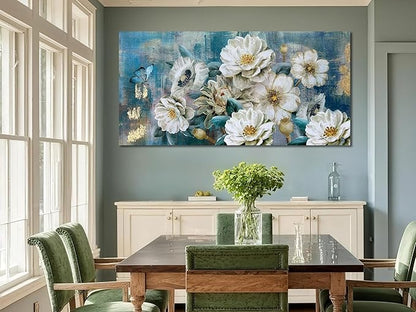 Arjun Big Size Flowers Canvas Wall Art for Bedroom, White Elegant Teal Picture, Textured Floral Magnolia Painting Living Room Wall Decor Turquoise Large Artwork Dining Room Home Office 58"x29"