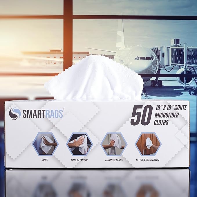 Arkwright Smart Rags in Box - (Pack of 50) Lint Free, Large Microfiber Cleaning Cloth, Scratch & Streak-Free, Dispensable Wash Towels for Cars, Kitchen, and Window Glass, White