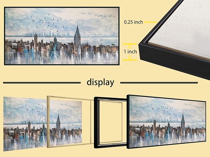 Arjun Cityscape Wall Art New York City Buildings Picture Modern Abstract Grey Skyline Birds NYC Painting Artwork for Bedroom Living Room Bathroom Home Office Decor, Large Size Black Framed 58"x29"