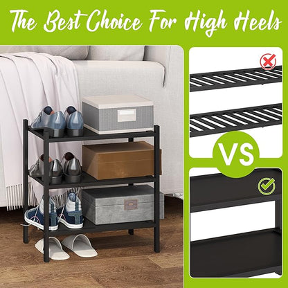BMOSU 3-Tier Bamboo Small Shoe Rack Premium Stackable Shoe Shelf Storage Organizer for Hallway Closet Living Room Entryway Organizer(Black)