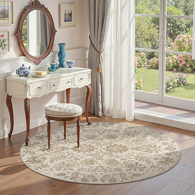 jinchan Classic Floral Round Rug 4ft, Vintage-Inspired Neutral Design 4’Circle Rug, Machine Washable Ultra-Thin Low-Pile Non-Slip Indoor Carpet for Bedroom Dining Room Living Room Entryway Taupe