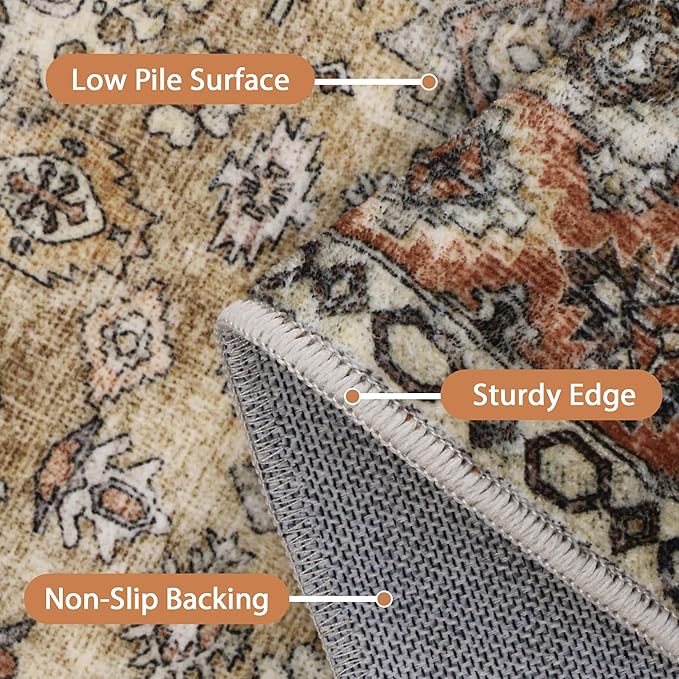 GENIMO Machine Washable 8x10 Area Rugs for Living Room, Non Slip Vintage Rugs, Low Pile Lightweight Chenille Print Rug for Bedroom, Dining Room, Home Office, Taupe Mocha
