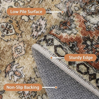 GENIMO 2x5 Washable Runner Rug for Hallway, Vintage Non Slip Low Pile Carpet, Soft Lightweight Printed Rug for Entryway, Kitchen, Corridor & Home Office, Taupe Mocha