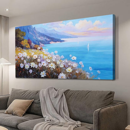 Anolyfi Coastal Landscape Wall Art Nature Flower Mountain Canvas Painting Blue Ocean Seascape Picture, Textured Artwork Large Framed for Living Room Bedroom Bathroom Kitchen Office Home Decor 40"x20"
