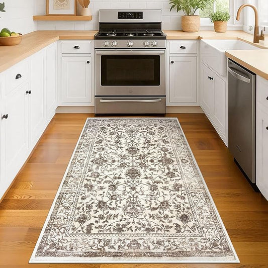 KILOCOCO Area Rug 3x5 Entryway Rug Washable Printed Vintage Floral Rubber Backed Non Slip Indoor Kitchen Rugs for Living Room Laundry Room Playroom Mudroom Moroccan Area Rugs, Beige/Brown