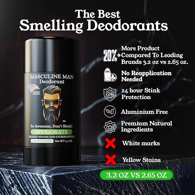 Deodorant for Men - Aluminum Free Mens Deodorant - Travel Size Natural Deodorants - Sweat Protection for Underarm, Stain-Free Stick Deodorants, Made in USA, 3.2oz (Pack of 2, Invigorate)
