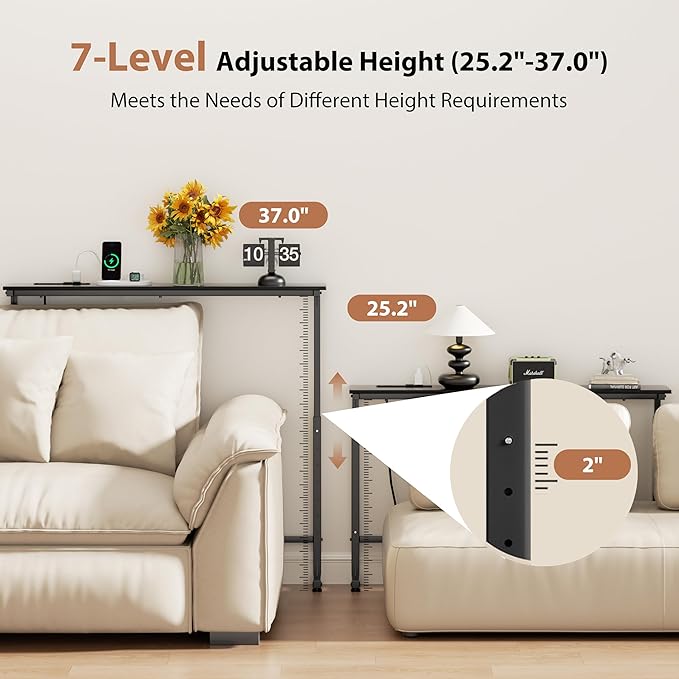 GRLEAF 45" Adjustable Height Narrow Console Table with Power Outlets, Long Sofa Table with Charging Station Behind Couch Table Skinny Entryway Table for Living Room, Hallway and Office – Black