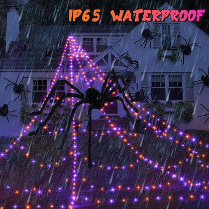 Halloween Spider Web Lights Decoration 455 LED Spider Webs Halloween Decorations Outdoor with 59" Large Spider & 3.53 oz Stretch Cobweb 16.4 Ft Light Up Giant Spider Web (Purple & Orange)