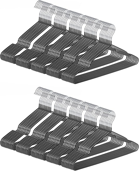 Ultra-Thin Metal Hangers, 100 Pack Non-Slip PVC Coated Space Saving Clothes Hangers for Closet, 16 inch Wide for Suits, Dresses, Jackets（Black）
