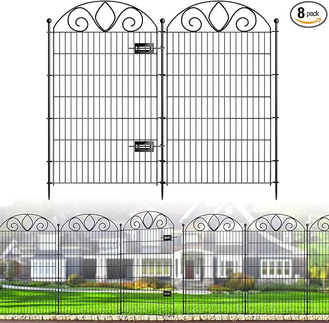 8 Panels No Dig Tall Garden Fence with Gate – 48" H X 21' L Rustproof Metal Dog Fence Outdoor for Yard, Decorative Animal Barrier Fence for Pet, Garden Border, Patio, Flower | Temporary Fencing