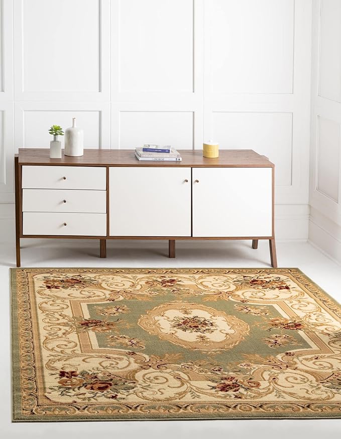 Rugs.com Chateau Collection Rug – 6 Ft Square Green Medium Rug Perfect for Living Rooms, Kitchens, Entryways