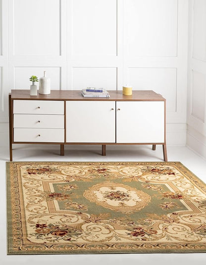 Rugs.com Chateau Collection Rug – 6 Ft Square Green Medium Rug Perfect for Living Rooms, Kitchens, Entryways