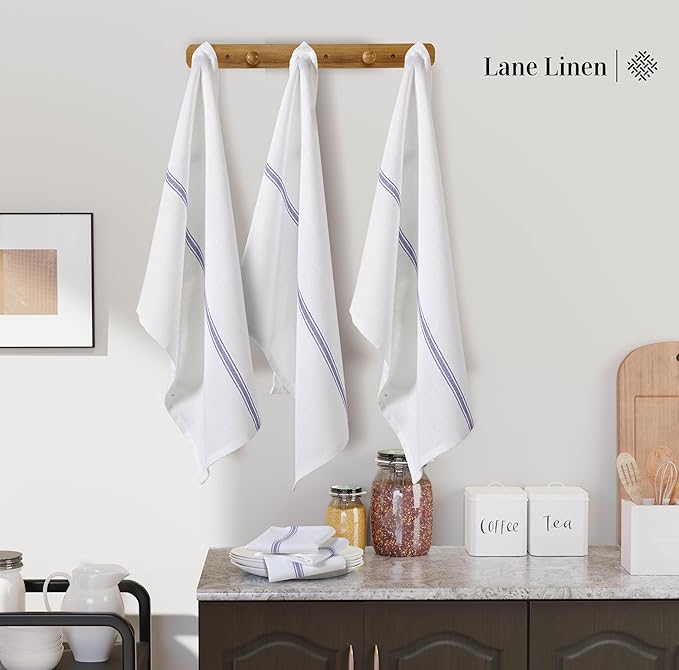 LANE LINEN Kitchen Towels, 6 Pack 14"x25" Dish Drying Towels, 100% Cotton Tea Towel with Hanging Loop, Reusable Napkin, Durable After Multiple Washes, Soft & Absorbent - Blue Stripe