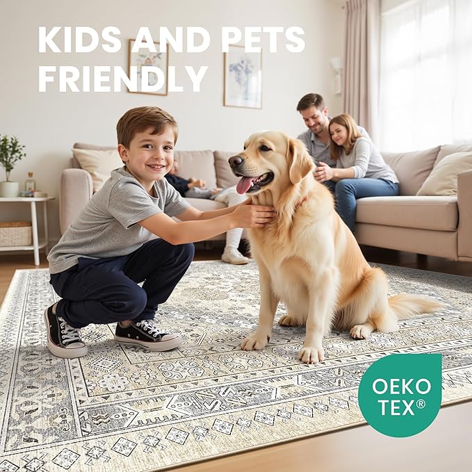 zesthome 6x9 Area Rug, Super Soft Washable Rugs for Living Room, Non-Slip Stain Resistant Vintage Rugs, Ultra-Thin Large Area Rugs (Beige,6'x9')