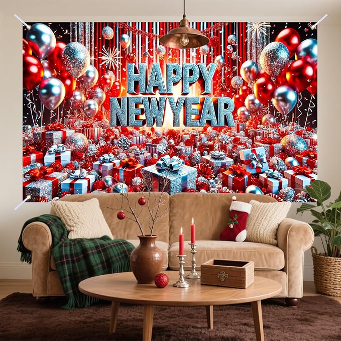 Nuxovilar Happy New Year Banner, Red Blue Balloons Dense Backdrop for Party Decorations, 71x43 Inch
