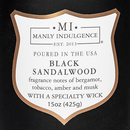 Manly Indulgence Black Sandalwood Scented Candle for Men 15 oz – Bergamot, Tobacco, Amber & Musk - Wood Wick - Up to 60 Hours Burn - Soy Blend Wax, USA Poured – Signature Collection