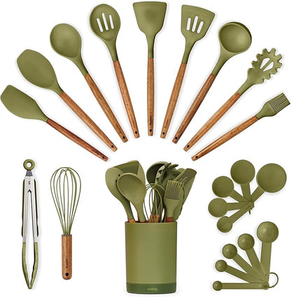 Silicone Kitchen Utensils Set & Holder: Cooking Utensils Set - Kitchen Essentials for New Home & 1st Apartment- Silicone Spatula Set, Cooking Spoons for Nonstick Cookware (Acacia Wood, Green)