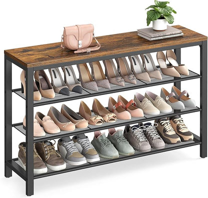 VASAGLE 4 Tier Shoe Rack, Shoe Organizer for Closet, Entryway, 16-20 Pairs of Shoes, Large Shoe Rack Organizer with 3 Metal Mesh Shelves, 11.8 x 39.4 x 28.3 Inches, Rustic Brown and Black ULBS14BX