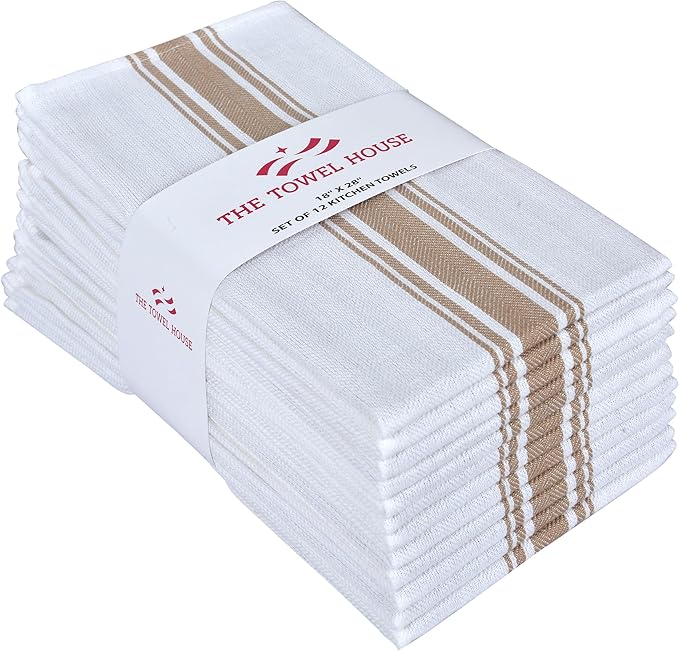 Cotton Premium Weave Kitchen Towels - Ultra-Absorbent, Quick Dry Dish Towels with Hanging Loop - Extra Large 18x28 Inches - Beige (Pack of 12)