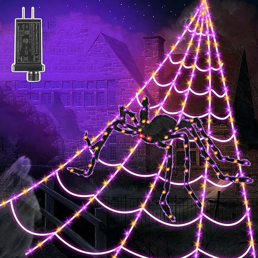 Giant Spider Webs Halloween Decorations - 250 LEDs Outdoor Halloween Decor Lights,16.4FT Net, 4Ft Light-up Spider, 8 Modes,Waterproof & Timer for Yard Porch Garden,Outside Costumes Party (with Spider)