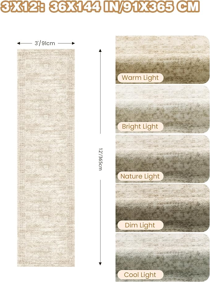 3x12 Runner Rug for Hallway, Non-Slip Long Bathroom Rugs Runner for Kitchen, Bedroom, Soft Vintage Abstract Washable Rug for Entryway, Thin Floor Mat for Dining Room(3'x12', Beige/Ivory)