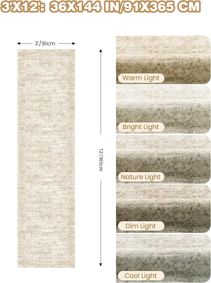 3x12 Runner Rug for Hallway, Non-Slip Long Bathroom Rugs Runner for Kitchen, Bedroom, Soft Vintage Abstract Washable Rug for Entryway, Thin Floor Mat for Dining Room(3'x12', Beige/Ivory)
