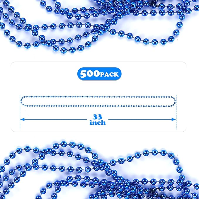 500 PCS Blue Bead Necklace, 33 Inch Mardi Gras Christmas Beads, Bulk Metallic Party Beads for Mardi Gras Parade, St Patricks Day, Wedding, Birthday, Pirate Carnival Party Favors