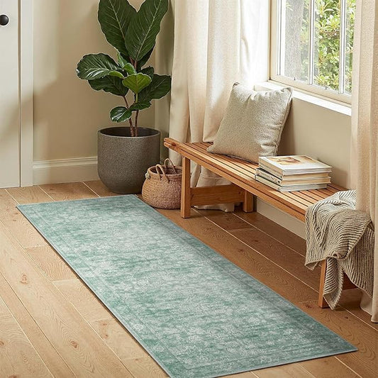 jinchan Runner Rug 2x5 Green Kitchen Rugs Hallway Runner - Machine Washable Vintage Floral Non-Slip,Low Pile Soft Ultra-Thin Distressed Carpet for Entryway Farmhouse Bedroom Laundry Room (2’x5’,Green)