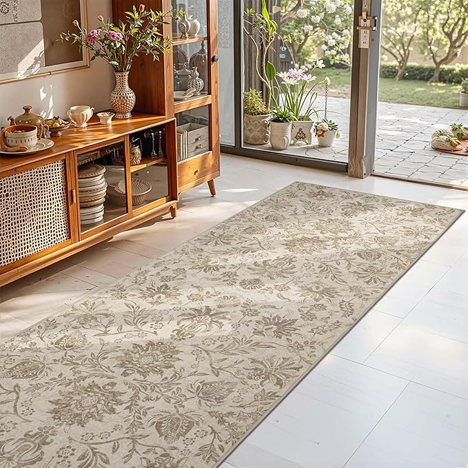 jinchan Runner Rugs 3x8, Vintage-Inspired Floral Neutral Design Machine Washable Non-Slip Ultra-Thin Low-Pile Rubber Backing Traditional Rug for Kitchen Hallway Laundry Room Entryway Taupe