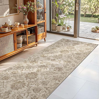 jinchan Runner Rugs 3x8, Vintage-Inspired Floral Neutral Design Machine Washable Non-Slip Ultra-Thin Low-Pile Rubber Backing Traditional Rug for Kitchen Hallway Laundry Room Entryway Taupe