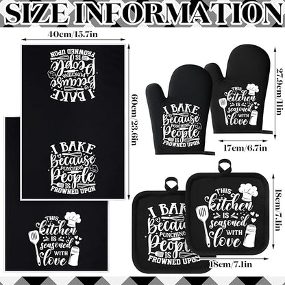 Sratte 6 Pcs Kitchen Decor Accessories Set Farmhouse Towels Pot Holders Oven Mitts Set 2 Dish Towels 2 Potholders 2 Cooking Mittens Oven Glove for Christmas Baking Cooking Supply(Black,Baking)
