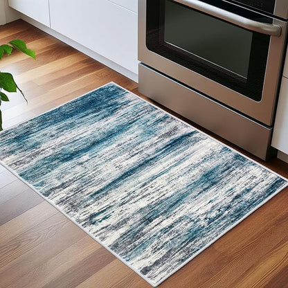 KOZYFLY Modern Abstract Small Area Rugs 2x3, Washable Kitchen Rug Non-Slip Soft Small Bathroom Rug, Blue Striped Entryway Rugs Print Faux Wool Doormat for Bedside Entrance Bedroom Sink