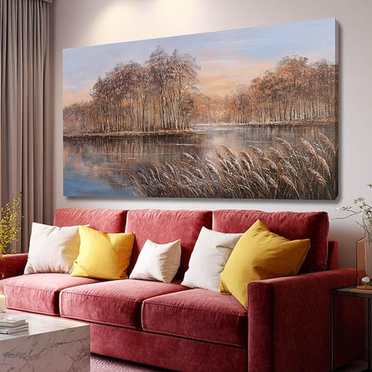 Fall Wall Art Forest Painting Lake Landscape Wall Decor for Living Room Office Contemporary Artwork 24x48 Inch Blue and Gold Posters