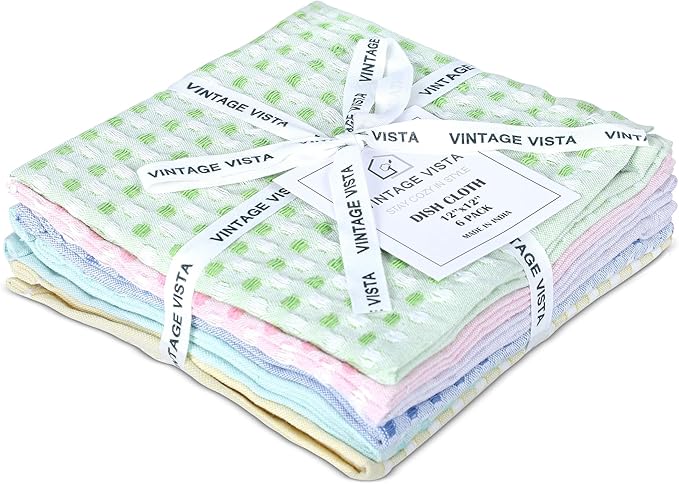 Vintage Vista 100% Cotton Dish Cloths (Pack of 6) - Dish Rags for Washing Dishes - Reusable & Highly Absorbent Kitchen Towels - Kitchen Rags for Christmas - (12" x 12" - Multicolor Honeycomb)