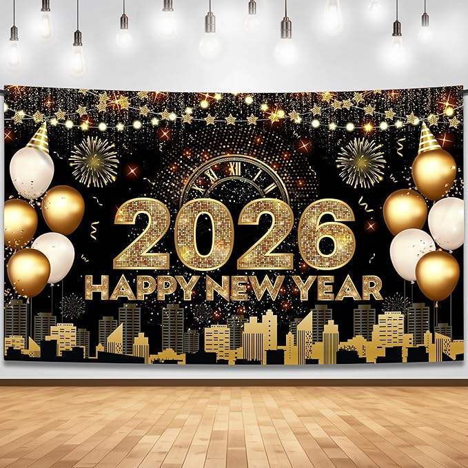 Katchon, Xtralarge Happy New Year Banner - 72x44 Inch | Gold Happy New Year 2026 Banner for New Years Decorations 2026 | NYE Backdrop for New Years Eve Party Supplies 2026 | NYE Decorations 2026