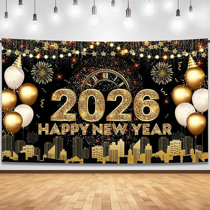 Katchon, Xtralarge Happy New Year Banner - 72x44 Inch | Gold Happy New Year 2026 Banner for New Years Decorations 2026 | NYE Backdrop for New Years Eve Party Supplies 2026 | NYE Decorations 2026