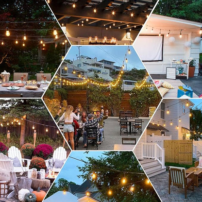 GANA Outdoor String Lights for Patio 48FT 2200K 12V Safety Voltage, LEDs with High CIR, 15 E26 Hanging Sockets, Shatterproof S14 Plastic Bulbs, IP65 Waterproof for Garden, Terrace, Outside