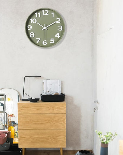 45MinST 12 Inch 3D Number Dial Face Modern Indoor Outdoor Clock, Silent Non-Ticking Round Home Decor Wall Clock with Arabic Numerals, Colorful Dial Face (Olive Green)